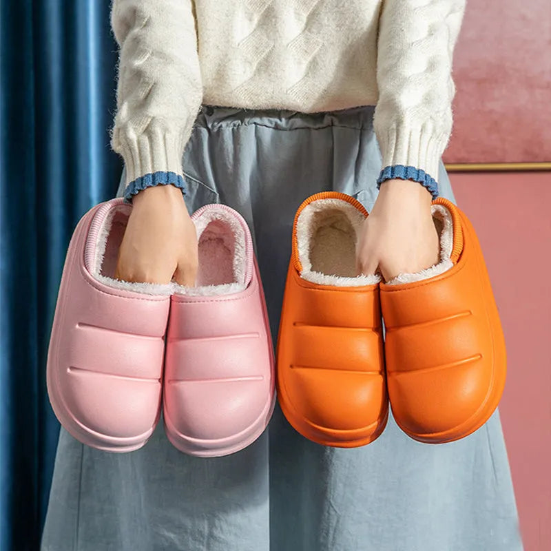 Women's winter slippers in green with plush lining and textured EVA sole, shown as sleeve-style overshoes.