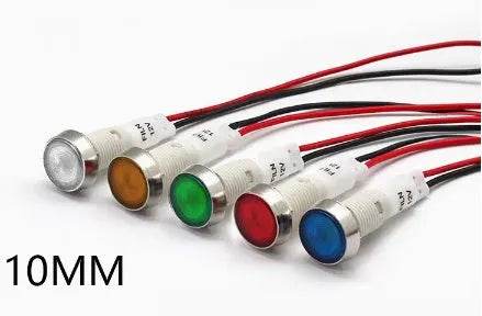 10mm stainless steel edge indicator light with a flat metal end and attached wire.