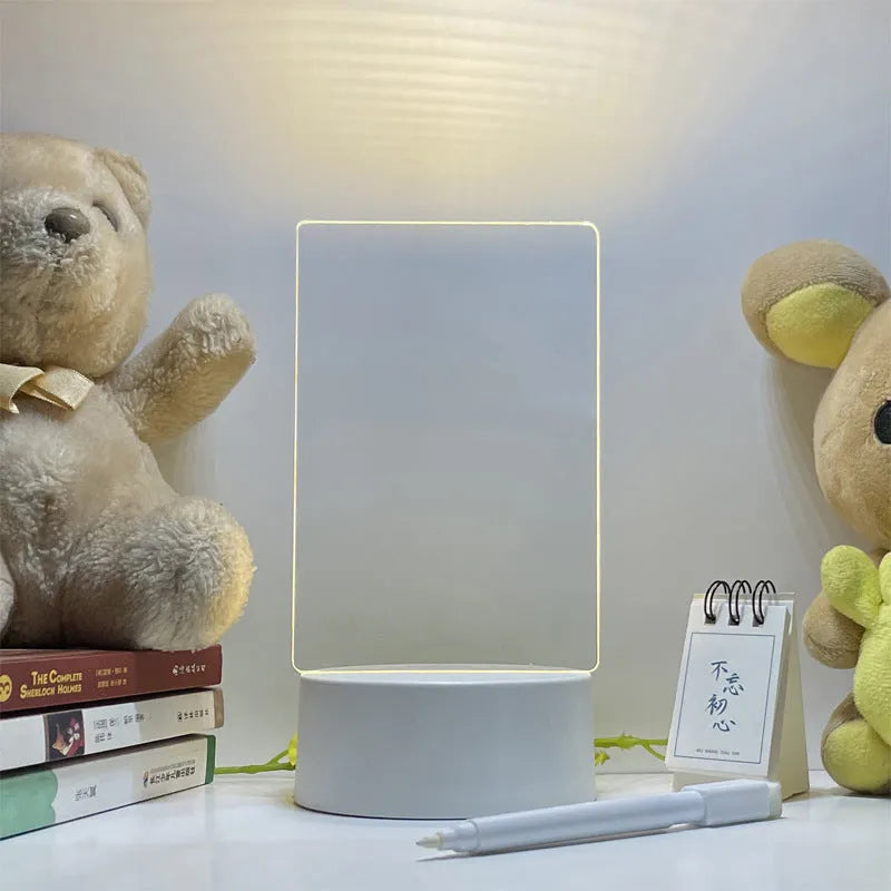 Acrylic message board night lamp with round base and warm light, four interchangeable panels, USB powered
