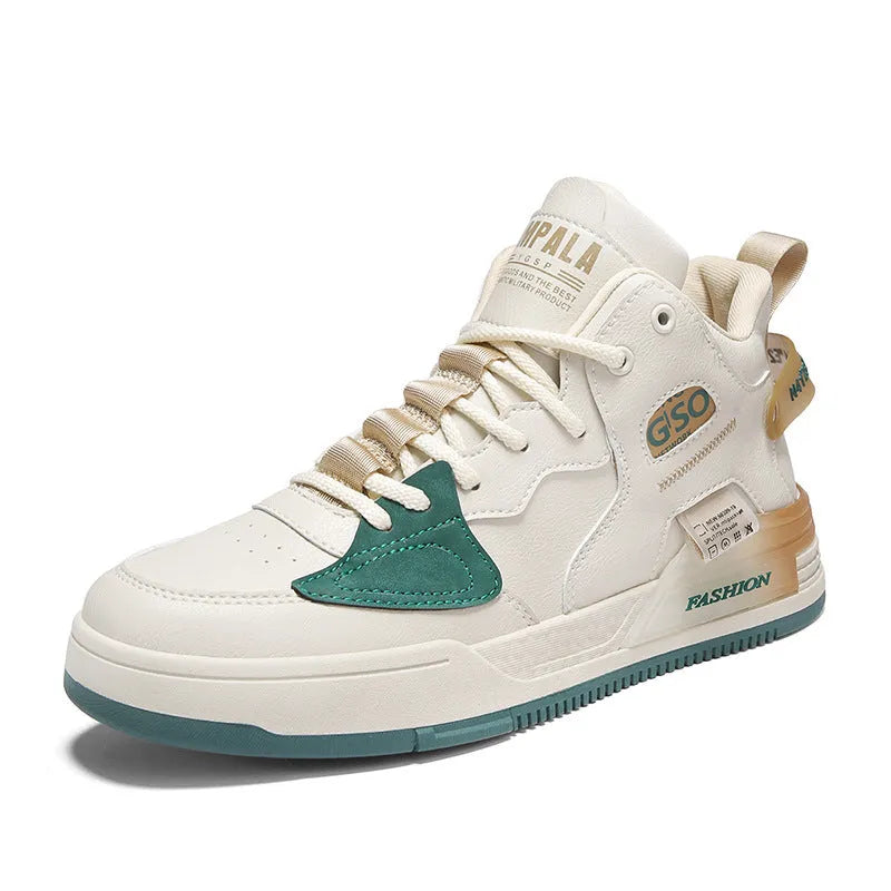 Men's khaki high-top casual shoes with PU upper and rubber sole on flat surface