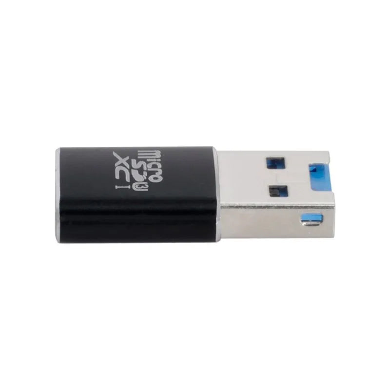 Black USB 3.0 card reader for Micro SD, SDHC, and SDXC memory cards on a white background.