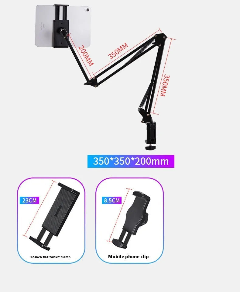 Black foldable metal desktop cantilever bracket holding a tablet, showing adjustable arm and clip.