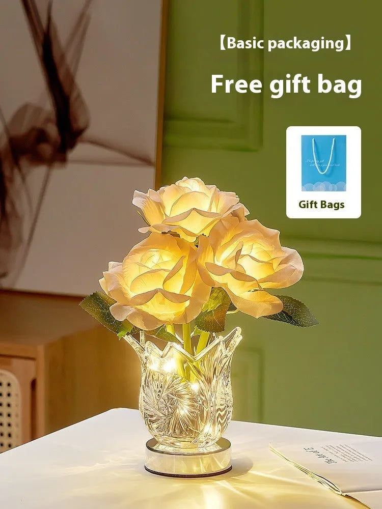 White crystal flowers design USB rechargeable touch dimming table lamp on wooden surface