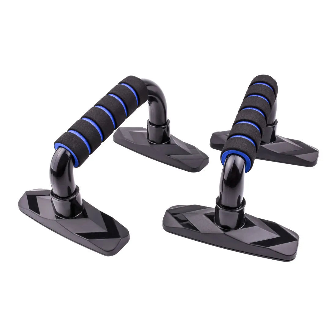 Pair of I-shaped black push up bars with textured PP sponge handles for strength training.