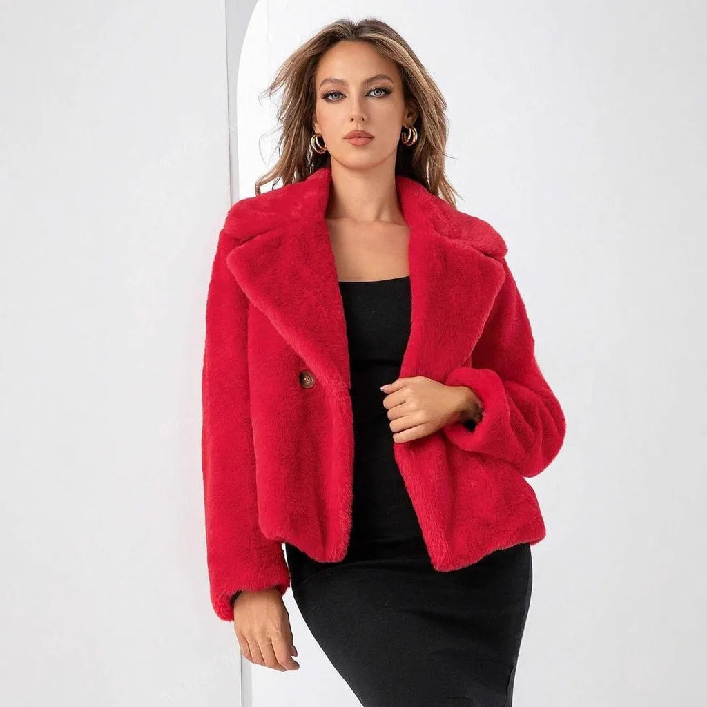 A women's rose red loose-fit short faux fur coat with regular sleeves on a hanger.
