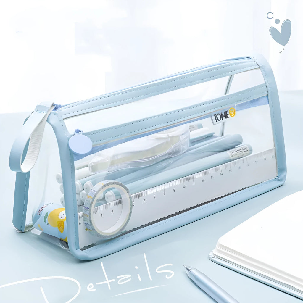 Transparent double-layer pencil case showing two compartments with stationery inside