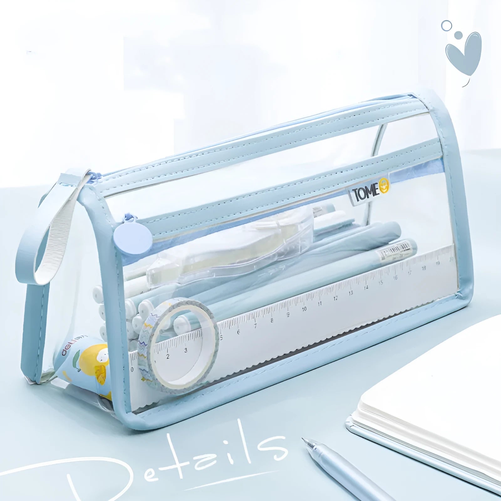 Transparent double-layer pencil case showing two compartments with stationery inside